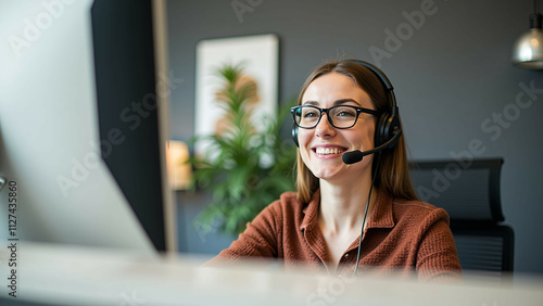 Smiling receptionist on a phone call at a desk with a laptop, potted plant, and bright office setting