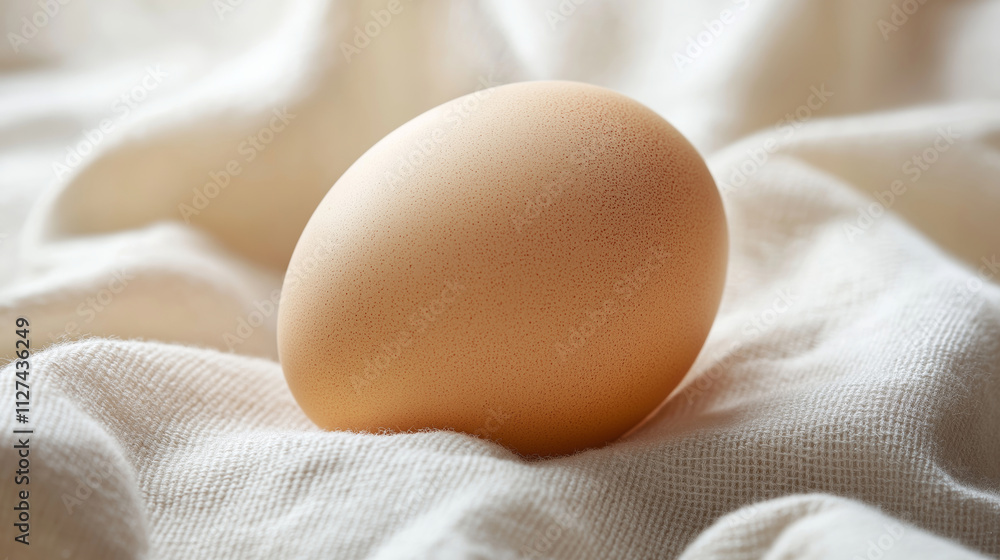 Brown egg on soft white cloth napkin, emphasizing its natural texture and delicate hue Brown egg on soft white cloth napkin, emphasizing its natural texture and delicate hue