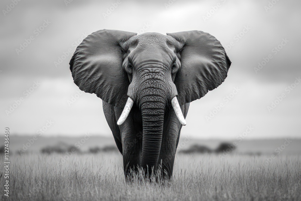 Naklejka premium Majestic elephant, grasslands, monochrome majesty.