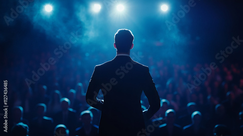 Businessman delivering a presentation on stage to a large crowd at a conference meeting