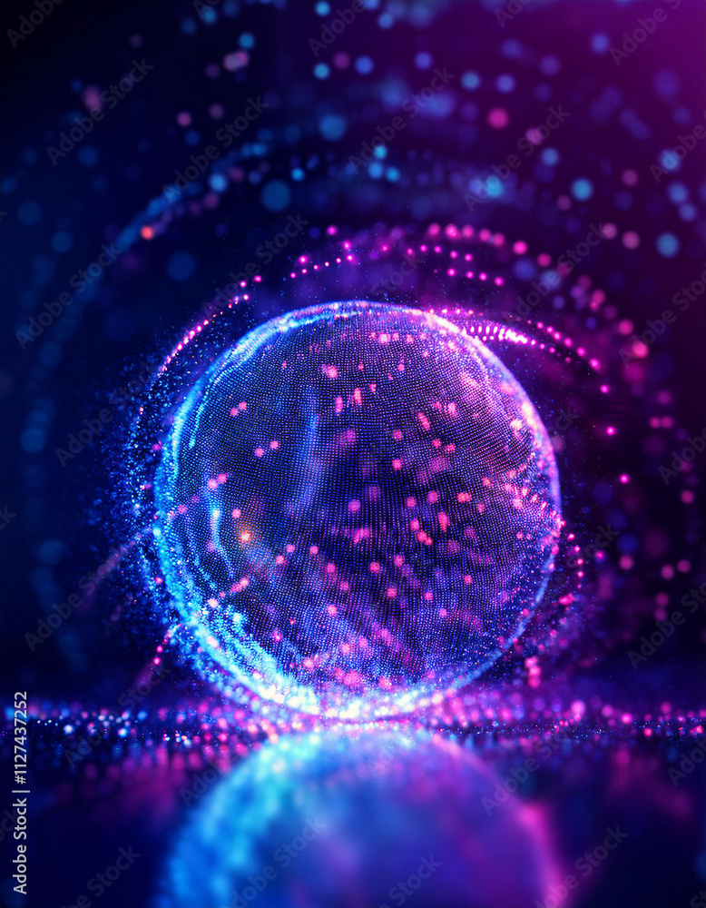 Obraz premium Magic round shape with blue and pink neon particles. Glowing energy orb. Abstract design.