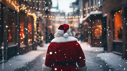 Santa claus is walking down a snowy street with christmas lights strung between buildings, his back turned photo