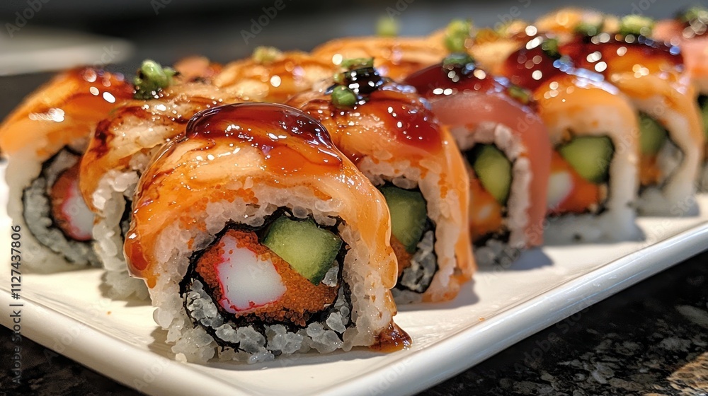 Delicious Salmon Sushi Rolls with Teriyaki Glaze Delicious Salmon Sushi Rolls with Teriyaki Glaze