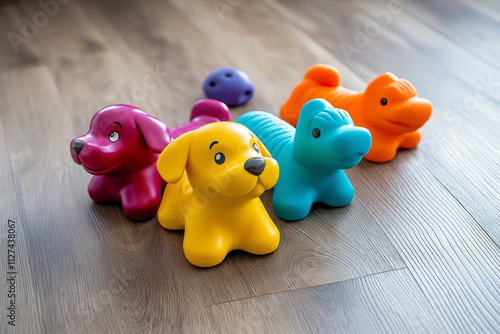 A selection of squeaky dog toys in vibrant colors on a wooden floor, modern aesthetic.
