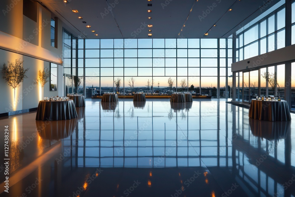 A contemporary event hall with large glass windows that flood the space with light, emphasizing the sleek, minimalist design and glossy floors A contemporary event hall with large glass windows that flood the space with light, emphasizing the sleek, minimalist design and glossy floors