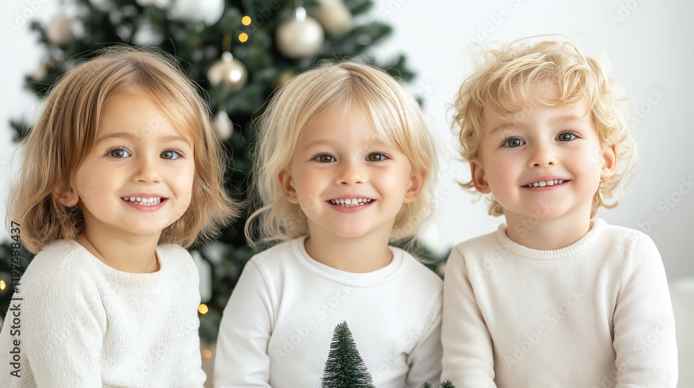 Three young kids are smiling in front of christmas tree with few gifts underneath, celebrating christmas at home Three young kids are smiling in front of christmas tree with few gifts underneath, celebrating christmas at home