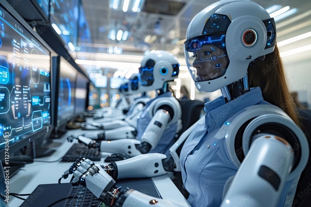 Title: Futuristic Office Setting with Diverse AI Robots Assisting Businesswoman in Virtual Reality Job Interviews using Holographic Screens Title: Futuristic Office Setting with Diverse AI Robots Assisting Businesswoman in Virtual Reality Job Interviews using Holographic Screens