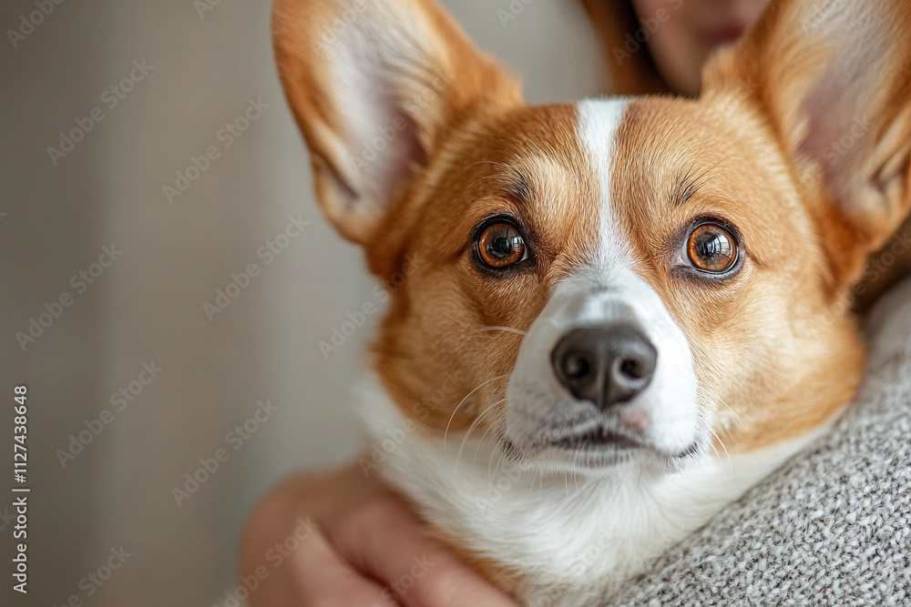 Corgi snuggled in the arms of its owner at home Corgi snuggled in the arms of its owner at home