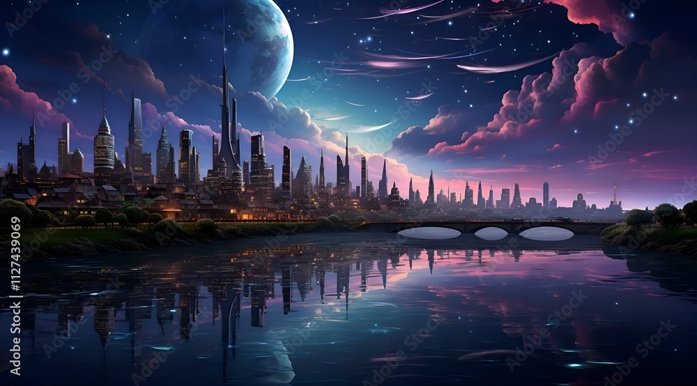 Obraz premium Vibrant 80s Cityscape with Neon Reflections on Rainy Streets - Generative AI