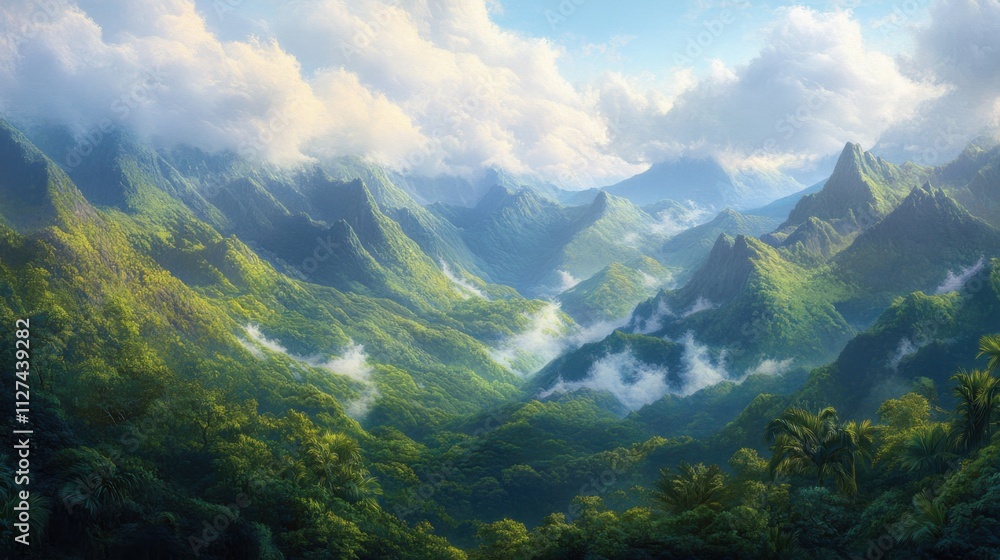 Lush mountain ranges under overcast sky