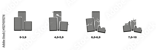 Earthquake damage stages. Destruction and disaster symbols