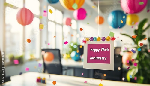 Colorful paper lanterns and confetti floating over an office desk, where a 