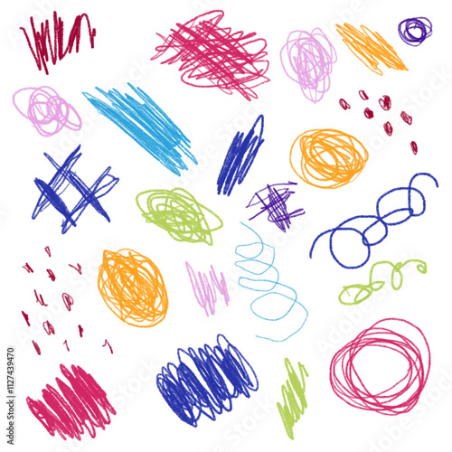 Colourful pencil doodles pattern. Children freehand crayons scribble collection background. Sketch style shapes set. photo