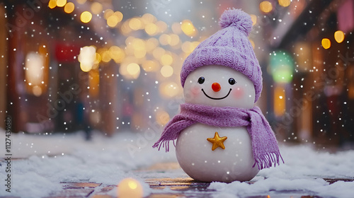 Snowman in purple knitted hat and scarf standing in snow with golden stars and blurred warm lights, capturing winter festivity. high quality