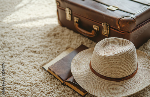 n open suitcase with a woman's , hat, and book on a beige carpet at home. Vacation concept photo