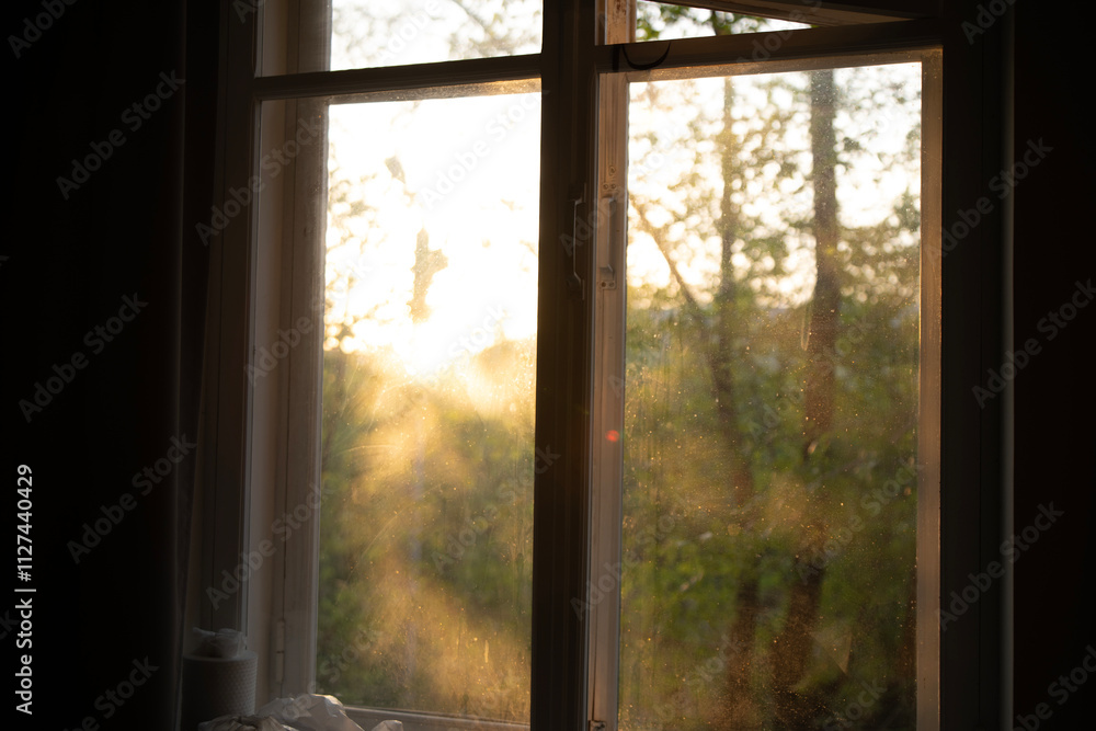 Fototapeta premium Warm sunlight floods into the room through the window, creating a bright and inviting atmosphere in the early morning