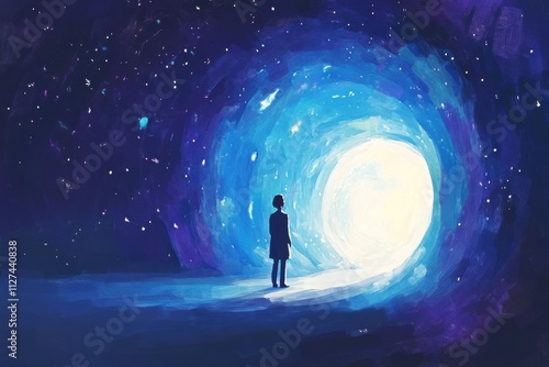 A lone figure gazing into a swirling time portal surrounded by a starry galaxy, representing the mysteries of the cosmos.