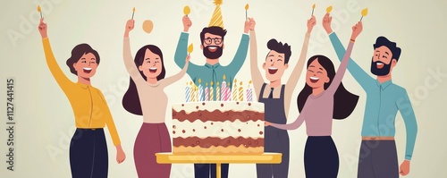 Group of individuals celebrating a work anniversary with a birthday cake, full of joy and energy