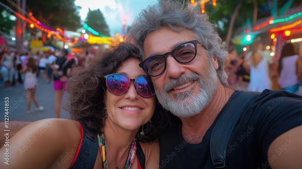 Mature couple smiling at summer festival with colored lights. Holiday joy concept Mature couple smiling at summer festival with colored lights. Holiday joy concept