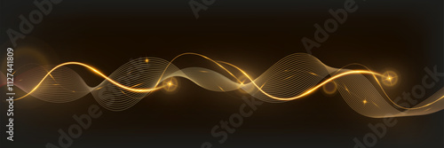Golden glowing wave lines on dark background with sparkling light effects, elegant abstract design for technology, luxury, or festive themes.	