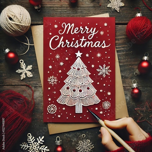 A hand paints a Christmas card with a tree design