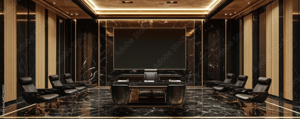 Luxurious black marble conference room with a large poster on the wall, ideal for high-level meetings Luxurious black marble conference room with a large poster on the wall, ideal for high-level meetings