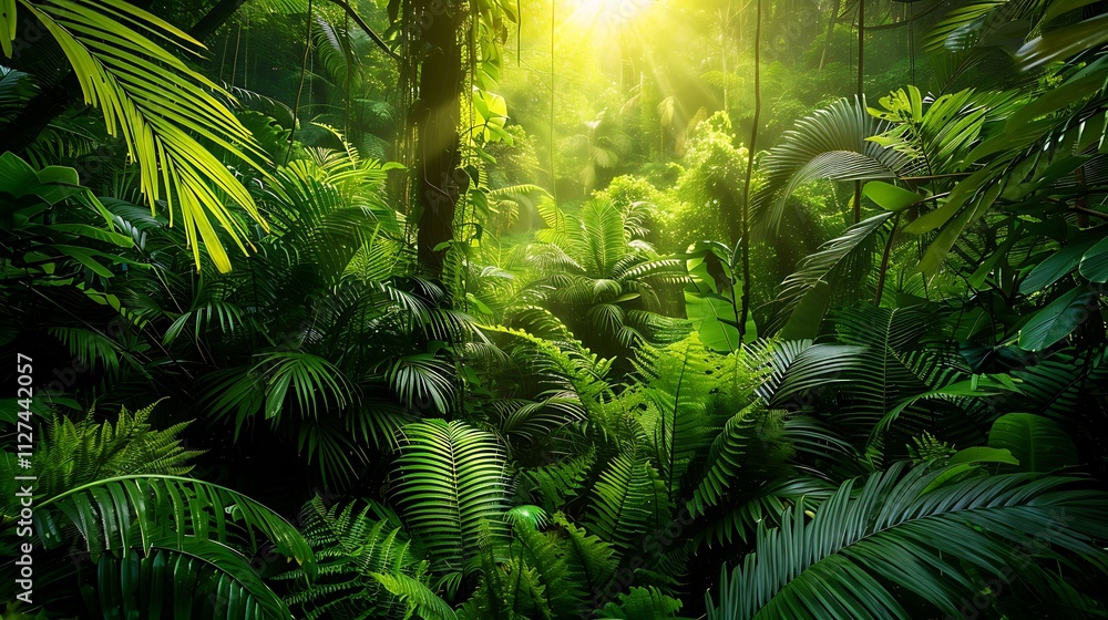 A thick, wild forest with various layers of green foliage, sunlight breaking through in patches A thick, wild forest with various layers of green foliage, sunlight breaking through in patches
