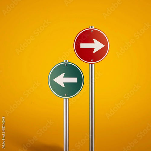 dos señales de tránsito opuestas sobre fondo amarillo, dilema, opciones, elecciones