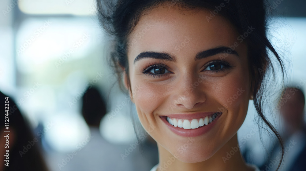 Confident young businesswoman smiling in a bright, blurred office setting - close-up shot Confident young businesswoman smiling in a bright, blurred office setting - close-up shot