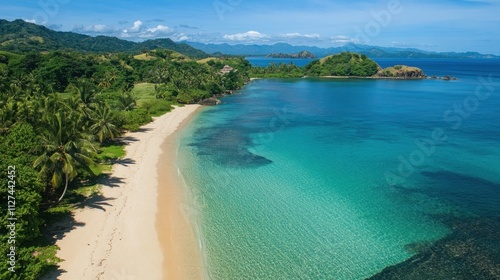 Scenic tropical beach with clear blue waters.