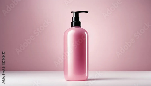 Pink bottle for soap or shampoo on pink background.