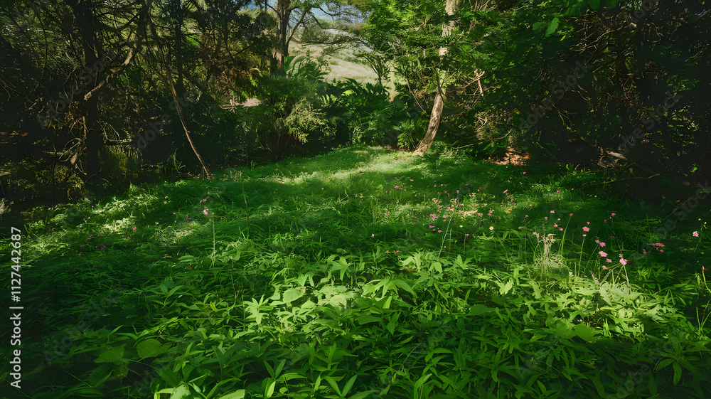 A lush green forest floor dappled with patches of sunlight and scattered flowers A lush green forest floor dappled with patches of sunlight and scattered flowers