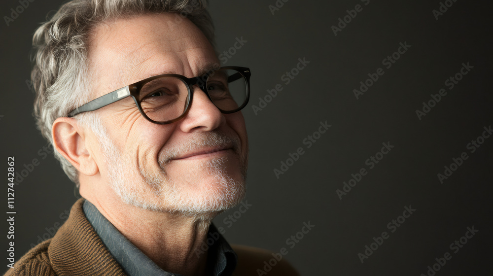 Confident and wise mature professor with grey hair and eyeglasses smiling in a portrait against a dark background Confident and wise mature professor with grey hair and eyeglasses smiling in a portrait against a dark background
