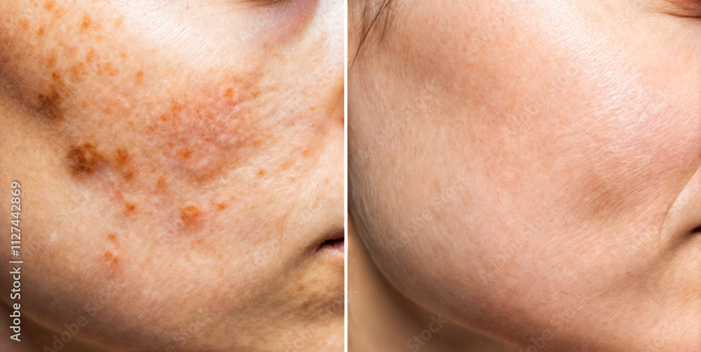 Fototapeta premium Before and After Skincare Treatment Highlighting Acne and Smooth Complexion Transformation