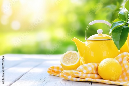 Bright and inviting breakfast setup with golden pancakes and a cheerful lemon-yellow teapot on a sunny terrace photo