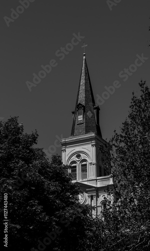 black and white church steeple against sky