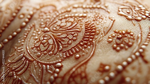 A close-up view of a delicate mehndi design featuring simple tikki patterns on a hand, highlighting intricate details and fine lines. photo