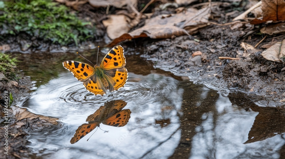 Obraz premium Vibrant Orange Butterfly Reflected in Tranquil Forest Puddle