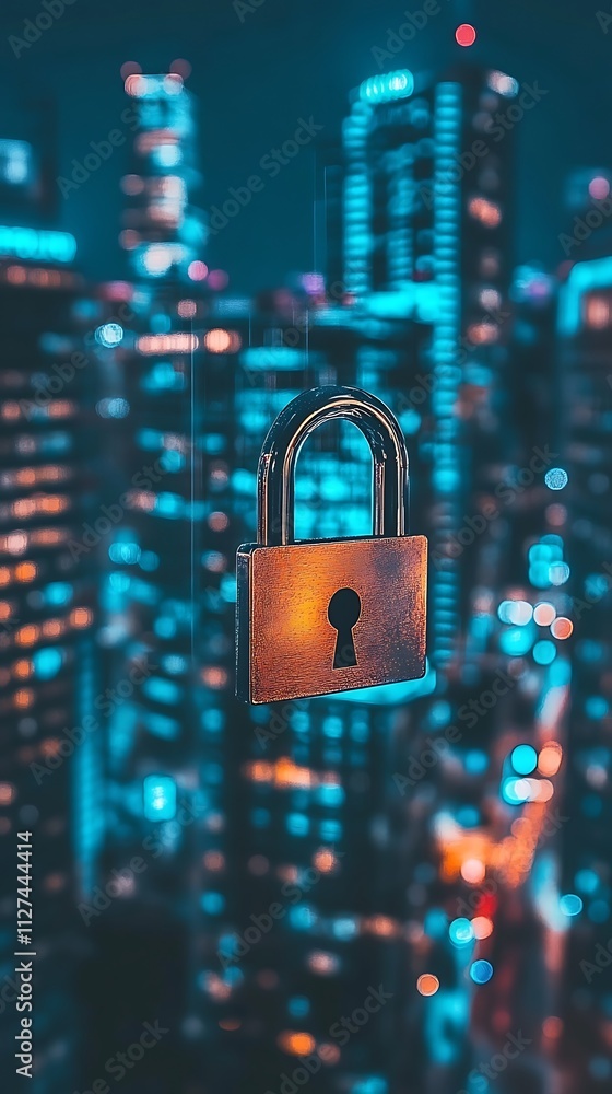 A glowing padlock suspended against a vibrant cityscape at night. A glowing padlock suspended against a vibrant cityscape at night.