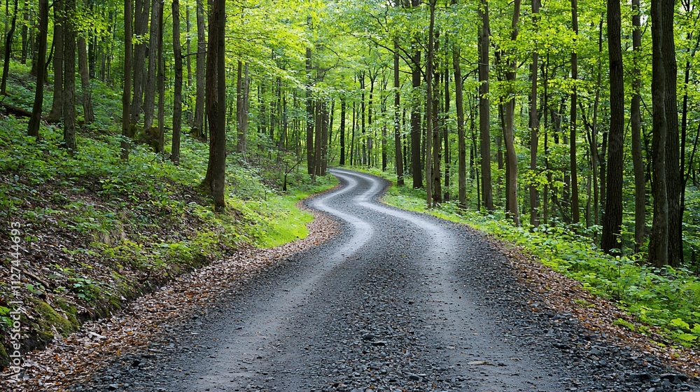 Naklejka premium Winding gravel road through lush green forest.