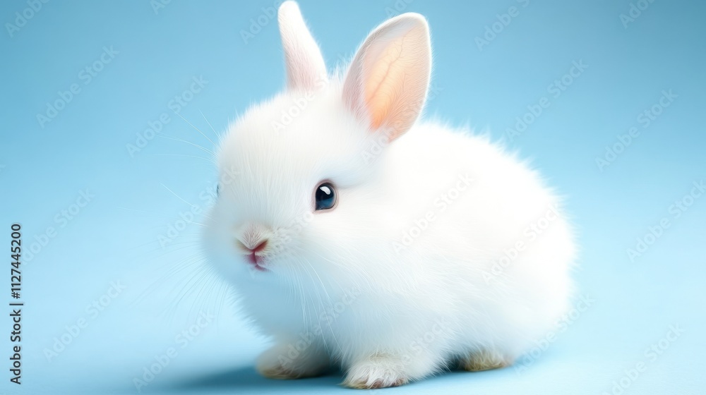 A fluffy white rabbit sits against a soft blue background, capturing attention with its innocent expression, This image is perfect for children's products, pet care ads, or Easter-themed content, A fluffy white rabbit sits against a soft blue background, capturing attention with its innocent expression, This image is perfect for children's products, pet care ads, or Easter-themed content,