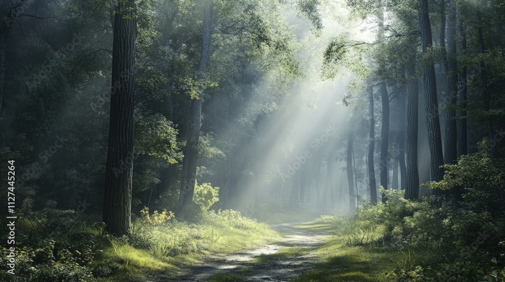 Sunlit path through misty, green forest. Sunlit path through misty, green forest.