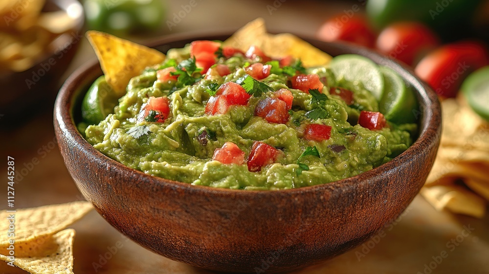 A bowl of guacamole garnished with tomatoes and served with tortilla chips. A bowl of guacamole garnished with tomatoes and served with tortilla chips.