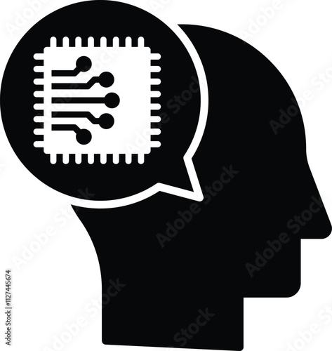 Human Like Reasoning icon. A human head with a chip, representing AI's ability to simulate human cognitive processes. Used in AI reasoning contexts.Black flat syle.