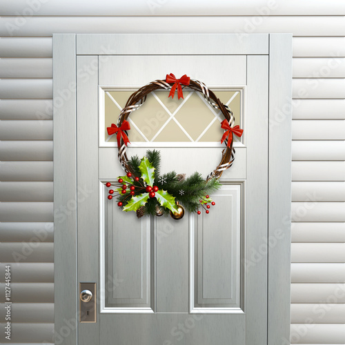 Christmas wreath hanging on residential door. 3D render.