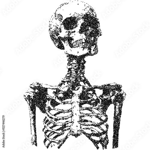 Skeleton, collage element with vintage stipple photocopy effect, with retro grainy texture. Vector illustration for grunge psychedelic surreal poster or tattoo in 90s aesthetic.
