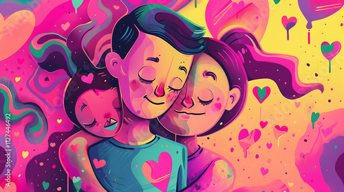 Vibrant Love Embrace: Colorful Illustration of Embracing Couple