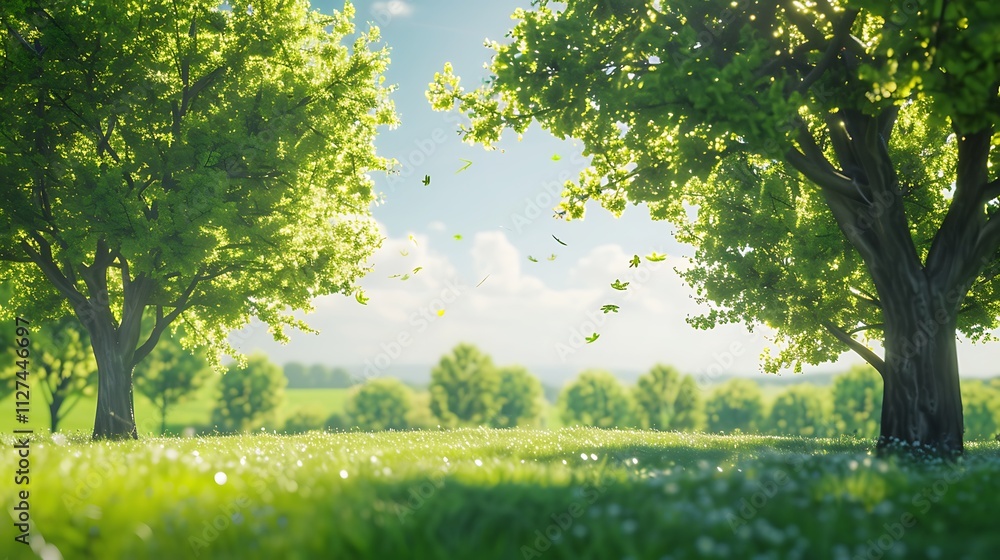 A wide, open field with a few scattered trees, each with vibrant green leaves fluttering in the breeze A wide, open field with a few scattered trees, each with vibrant green leaves fluttering in the breeze