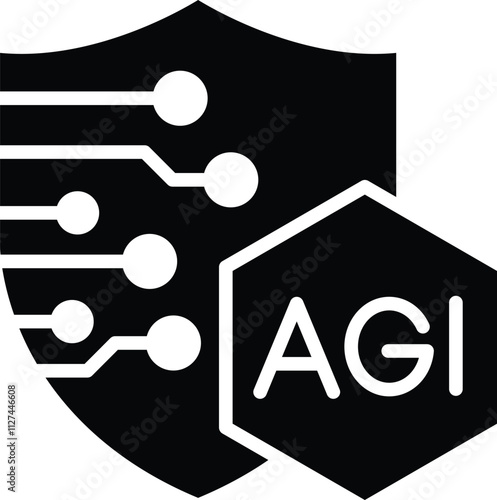Safety Measures icon. Shield with nodes and AGI text. Represents protocols and safeguards to ensure security and reliability. Ideal for risk management and compliance.