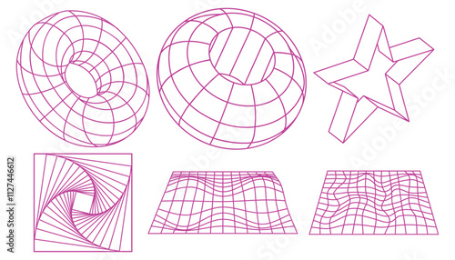 Geometric wireframe shapes and grids collection. Retro abstract neon elements in cyberpunk style.